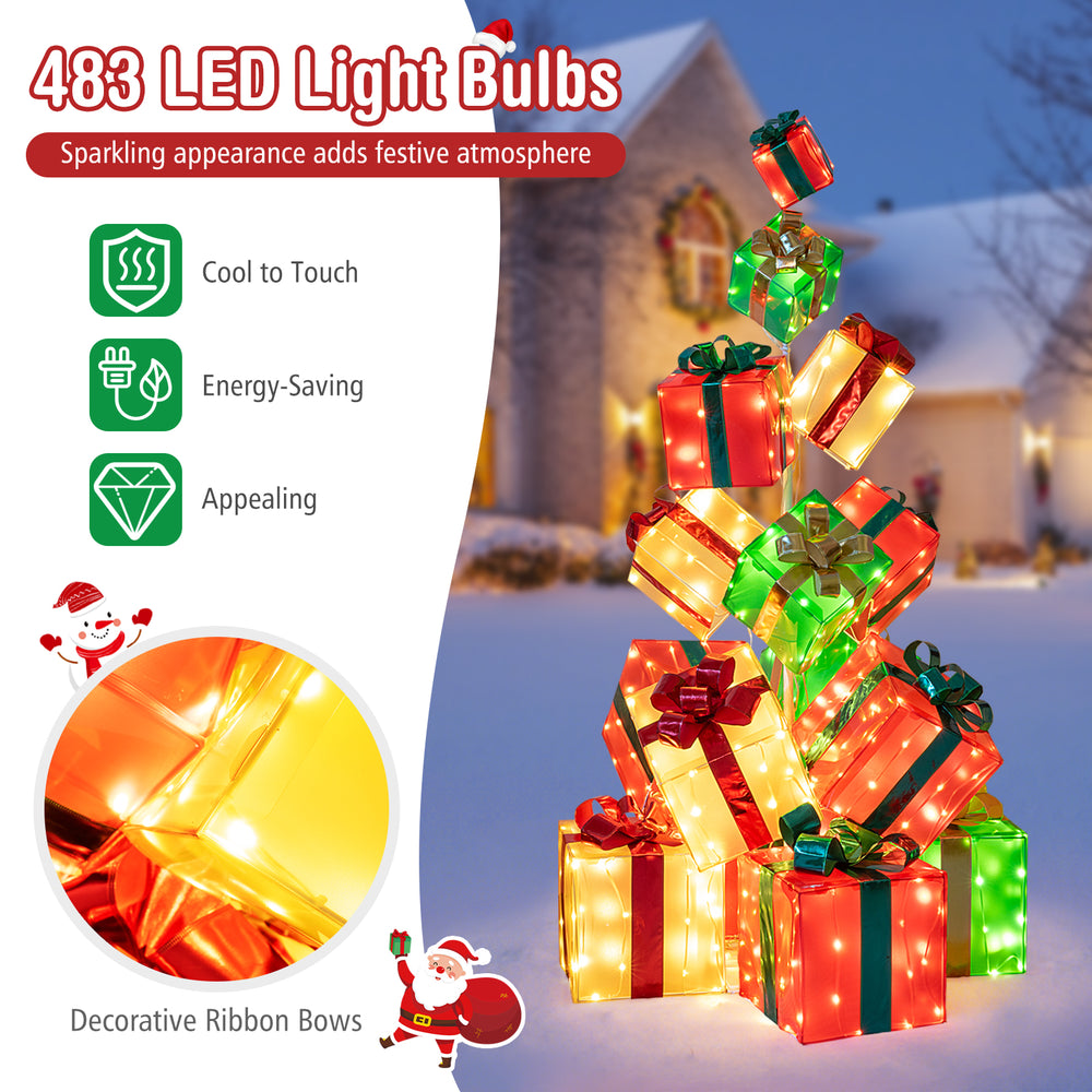 15 lighted Christmas boxes with vibrant bows and 483 LED lights, perfect for festive indoor or outdoor decoration.