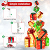 Lighted Christmas boxes with vibrant bows, featuring 483 LED lights, stacked for festive indoor or outdoor decoration.