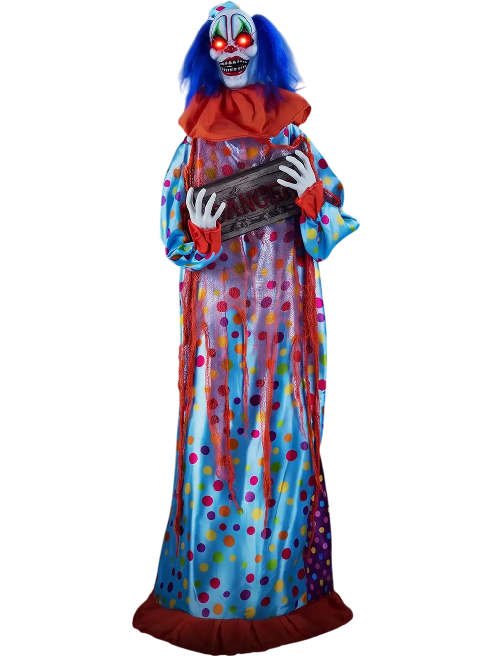 Animated 5.6 ft Halloween clown with lifelike movements, flashing red eyes, and eerie sounds for a chilling display.