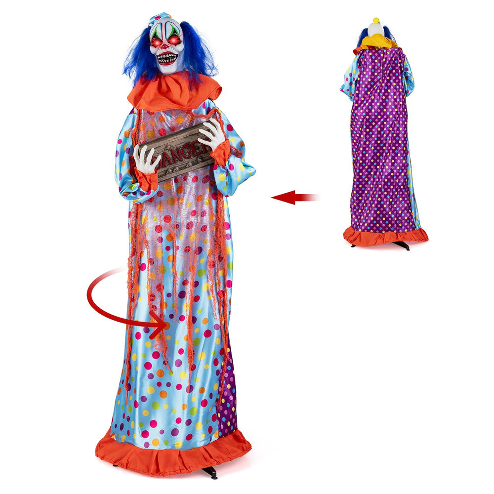 Animated 5.6 ft Halloween clown with detailed costume, flashing red eyes, and voice effects for a chilling scare.