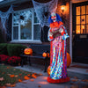 Creepy 5.6 ft animated clown with lifelike movements, flashing red eyes, and eerie sounds for Halloween scares.