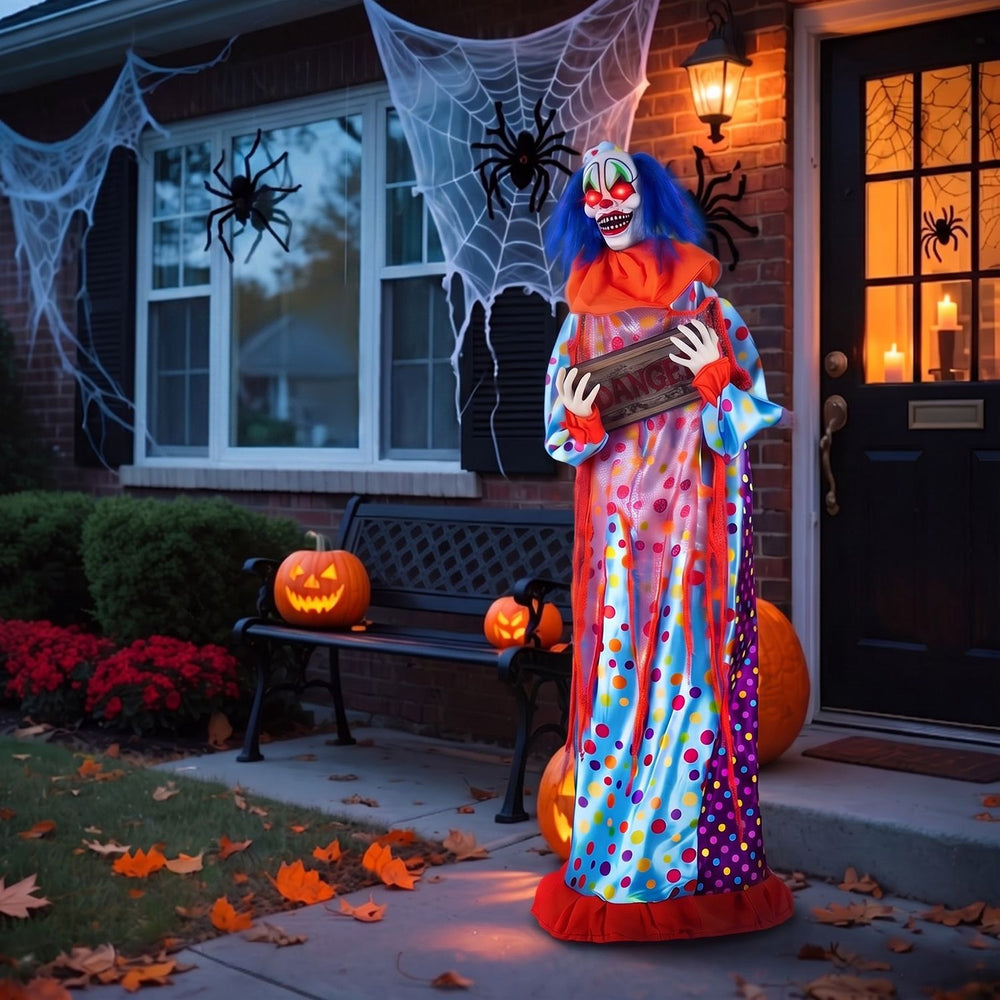 Creepy 5.6 ft animated clown with lifelike movements, flashing red eyes, and eerie sounds for Halloween scares.