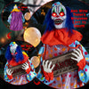 5.6 ft Halloween animated clown features lifelike movements, flashing red eyes, and eerie sounds for a chilling scare.