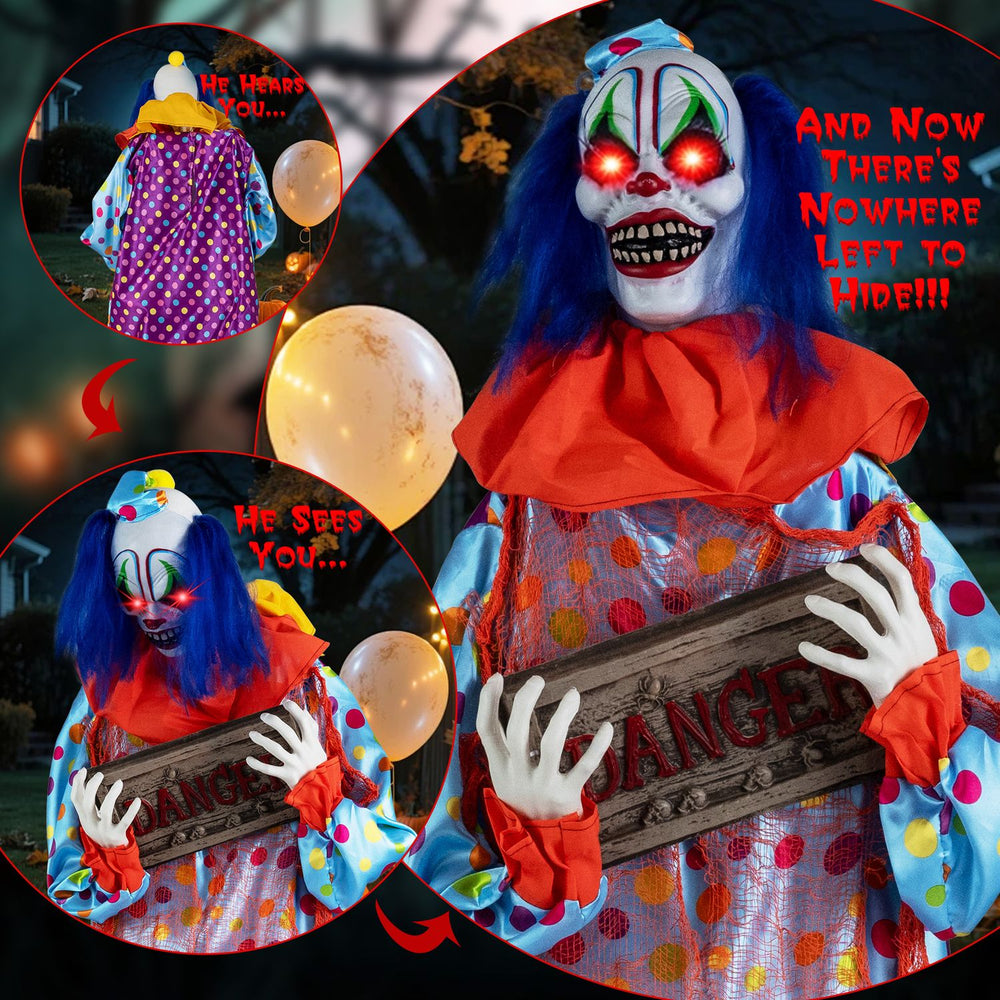 5.6 ft Halloween animated clown features lifelike movements, flashing red eyes, and eerie sounds for a chilling scare.