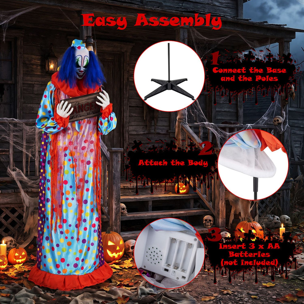 5.6 ft Halloween animated clown with lifelike movements, detailed costume, and eerie sounds for a chilling scare.