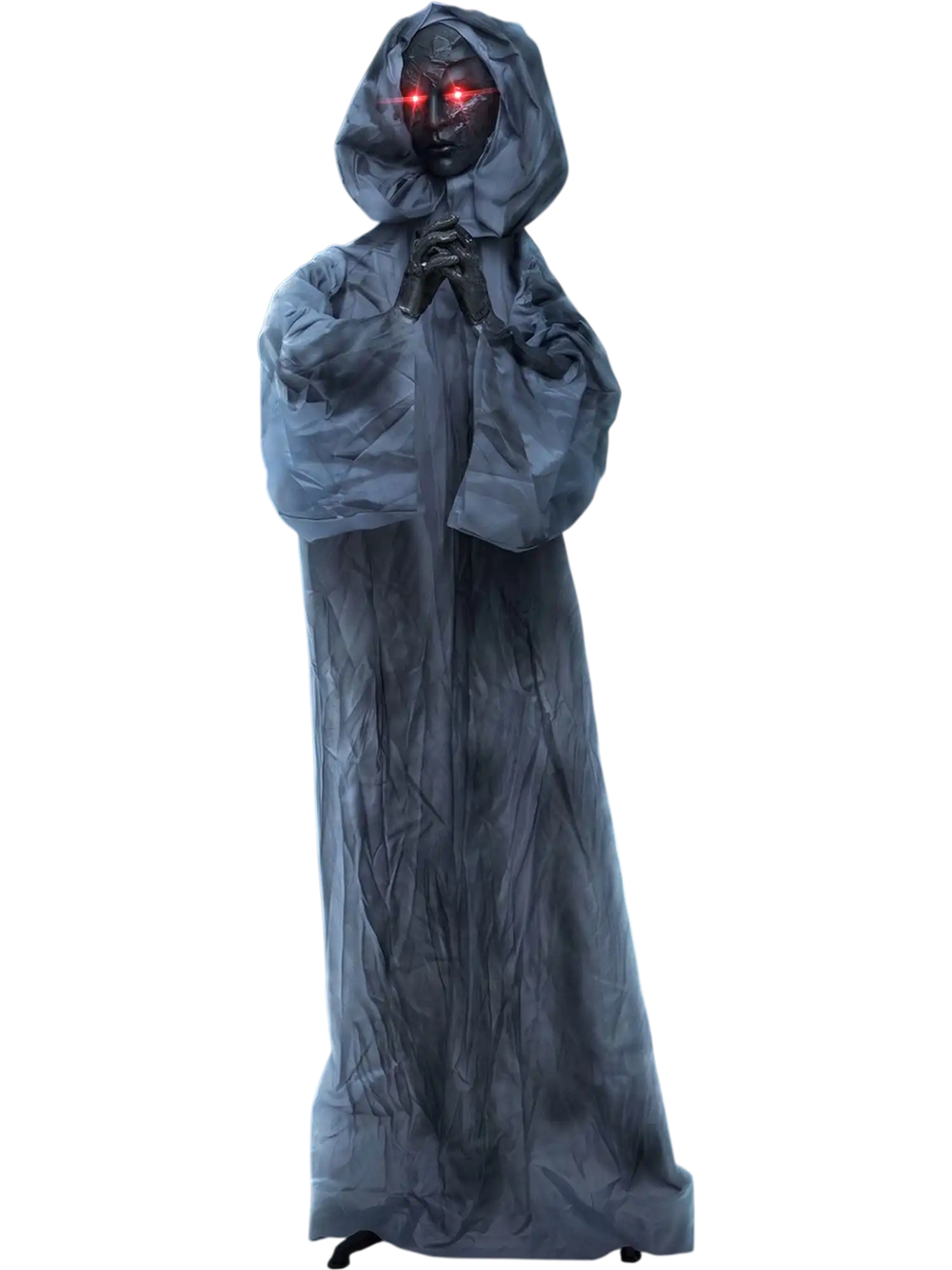 Creepy 5.6 ft Halloween Weeping Woman animatronic with red eyes and tattered robes for a haunting display.