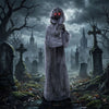 5.6 ft Halloween Weeping Woman animatronic displays withered features, tattered robes, and eerie movements for a chilling effect.