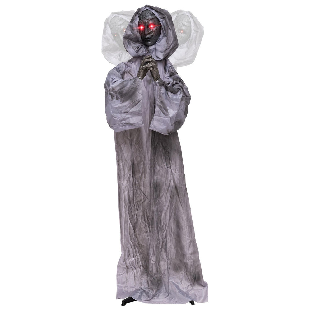 Creepy 5.6 ft Halloween Weeping Woman animatronic features tattered robes, red eyes, and sound-activated movements for scares.