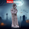 Creepy 5.6 ft Halloween Weeping Woman animatronic with tattered robes, red eyes, and sound-activated movements for scares.