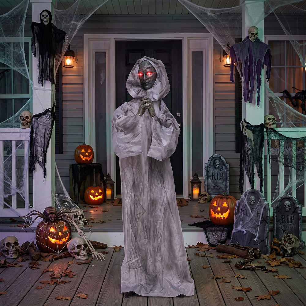 Creepy 5.6 ft Halloween Weeping Woman animatronic features red eyes and tattered robes, perfect for immersive scares.