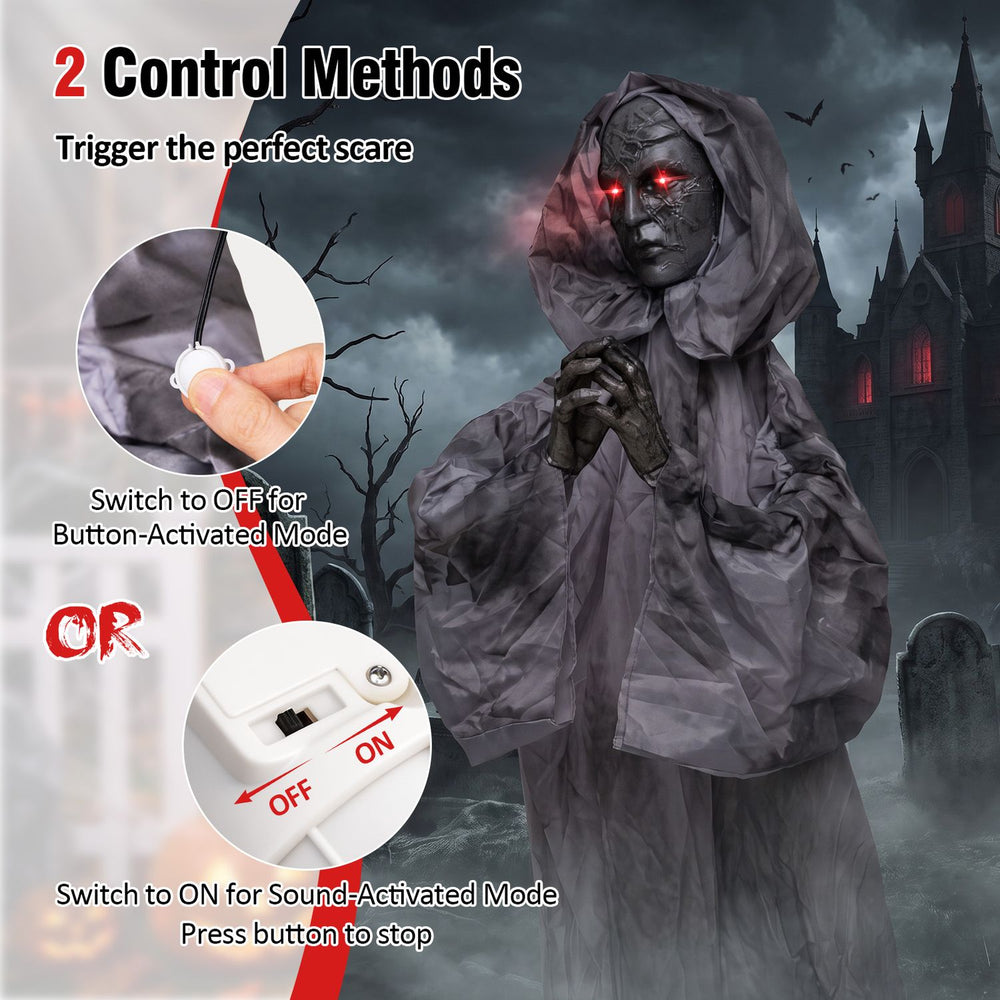 Creepy 5.6 ft Halloween Weeping Woman animatronic with tattered robes, red eyes, and sound-activated controls for scares.