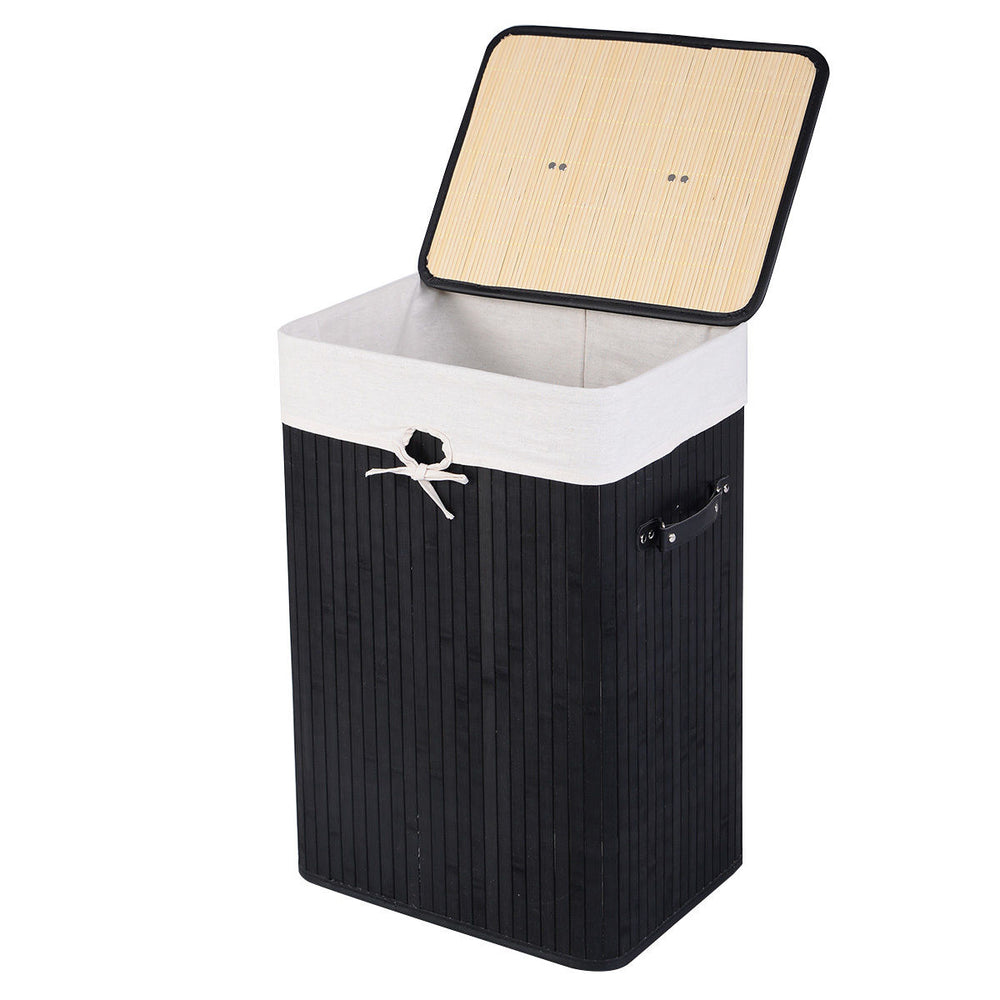 Rectangle bamboo laundry hamper in black with a lid, featuring a detachable inner pocket and PU handles for easy.