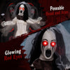 Poseable 5.7 FT Halloween animatronic bride with glowing red eyes, dressed in worn clothes, holding a withered flower.