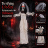 Life-size animatronic bride with glowing red eyes, worn-out clothes, and pale flower, perfect for Halloween displays.