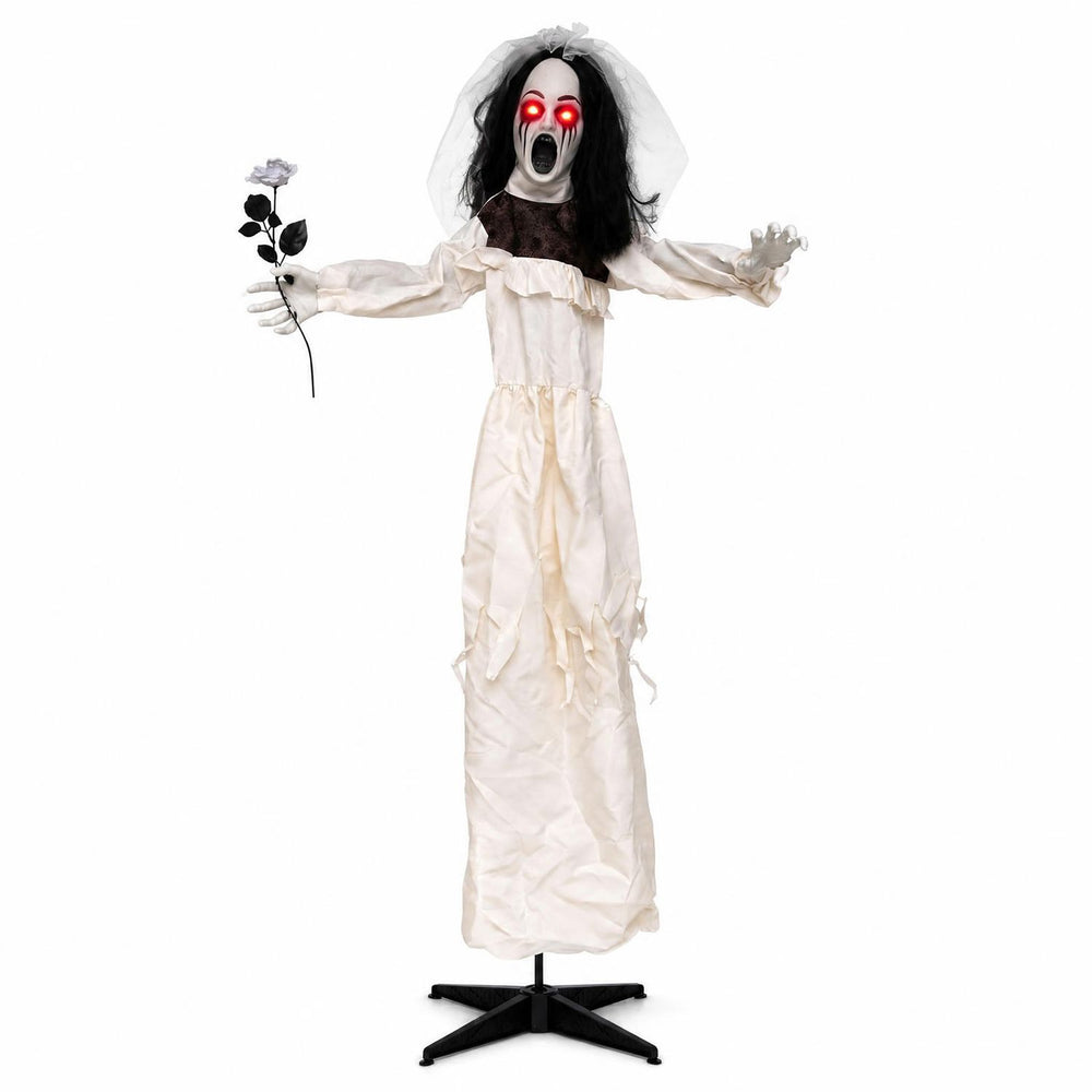 Standing 5.7 FT tall, this animatronic bride features glowing red eyes and holds a withered flower for a spooky Halloween display.