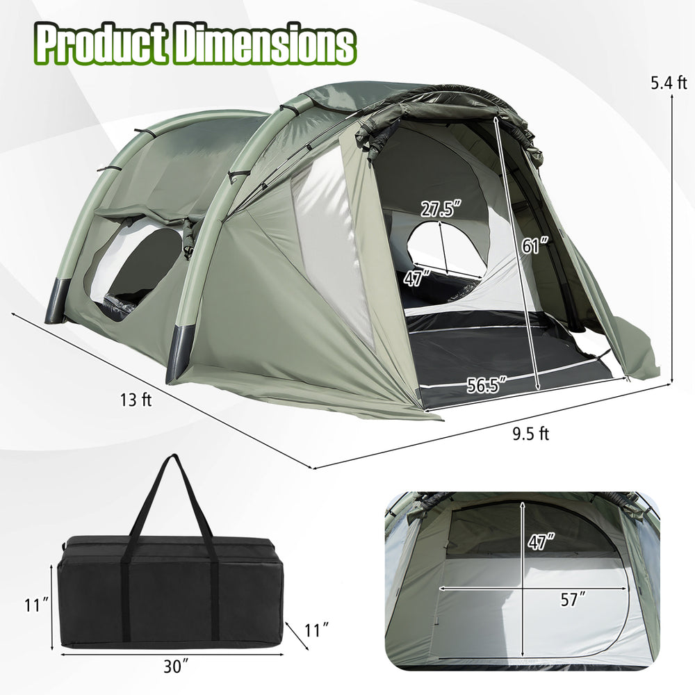 5-7 person inflatable camping tent in green with dimensions, featuring a screened porch and portable carrying bag.