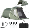 5-7 person inflatable camping tent in green with screened porch, waterproof tarp, and included hand pump for easy setup.