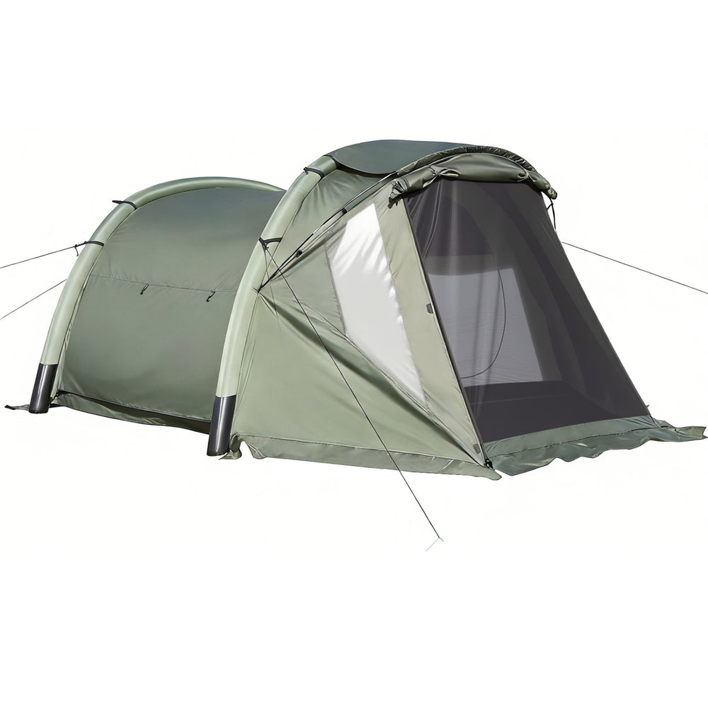 5-7 person inflatable camping tent in green with screened porch, mesh windows, and waterproof tarp for outdoor use.