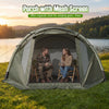 5-7 person inflatable camping tent in green with screened porch, ideal for storing gear and ensuring ventilation.