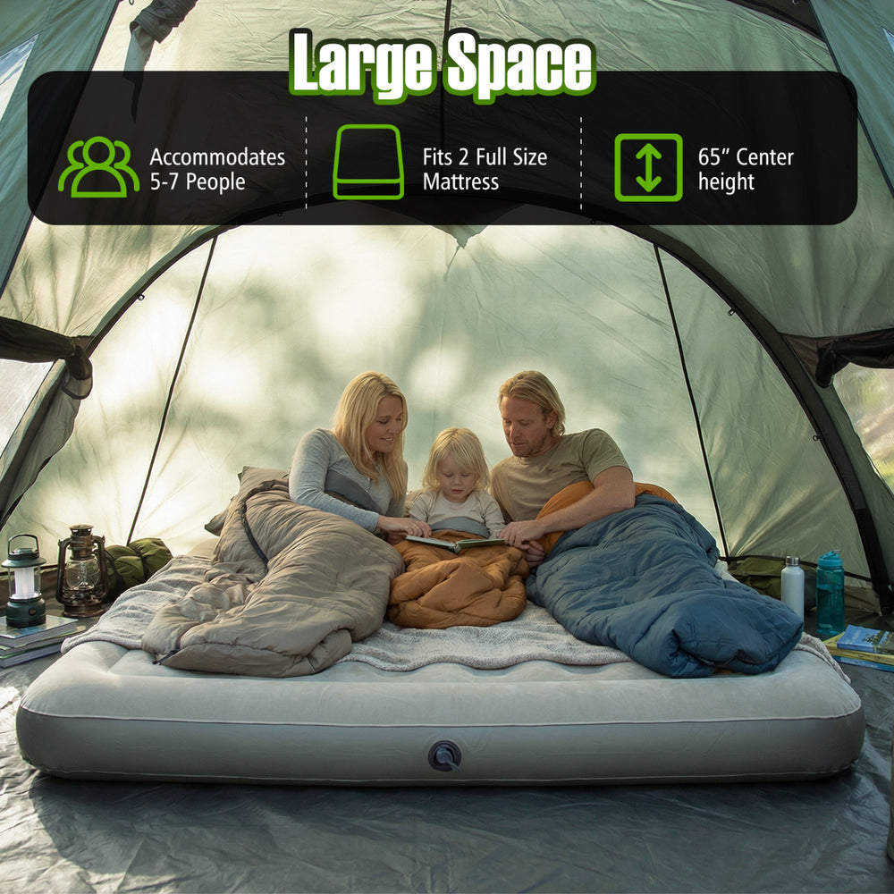 Spacious 5-7 person inflatable camping tent with screened porch, featuring waterproof fabric and mesh windows for.