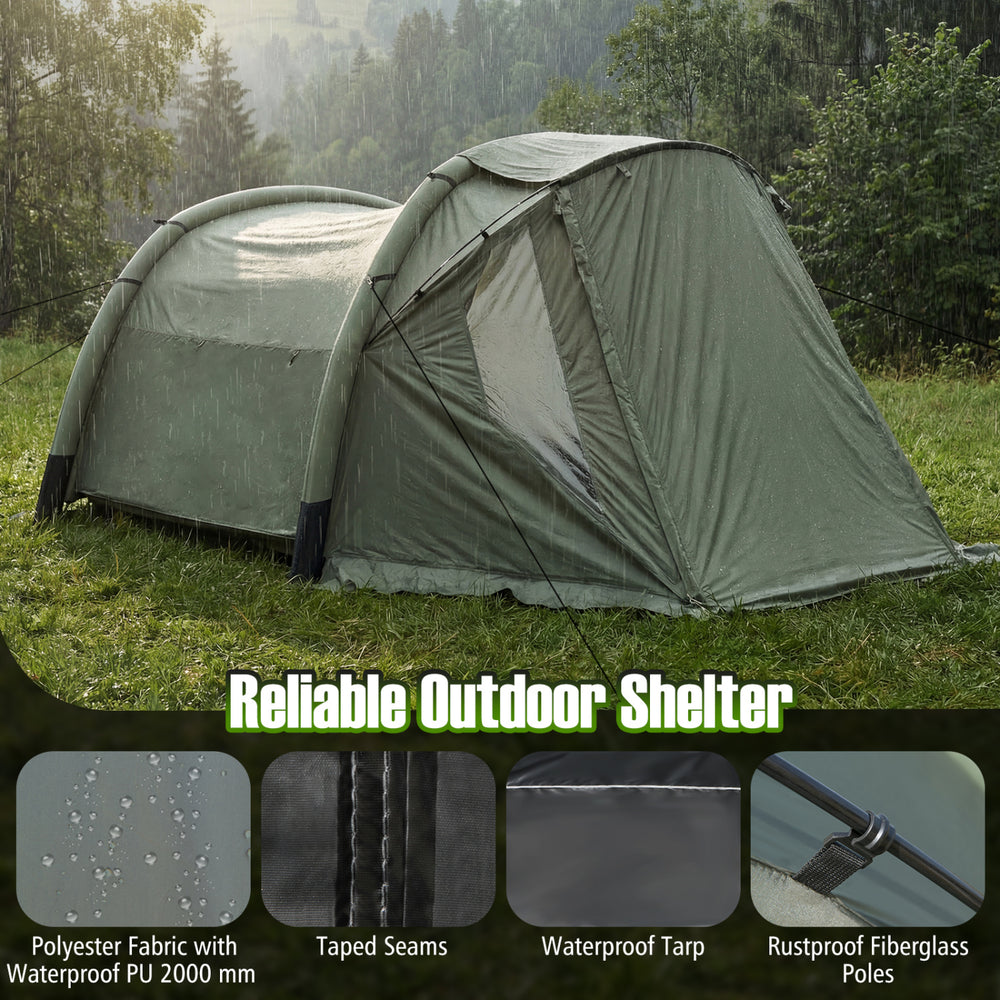 5-7 person inflatable camping tent in green with waterproof tarp and screened porch for outdoor protection and.