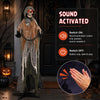 Life-size 5.7 ft grim reaper Halloween decoration with sound activation, red eyes, and realistic chain for outdoor spookiness.