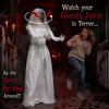 Life-size 5.7 ft animated Halloween ghost bride decoration features a head-turning action and glowing red eyes for a spooky surprise.