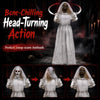 Life-size 5.7 ft animated Halloween ghost bride decoration features bone-chilling head-turning action for a spooky surprise.