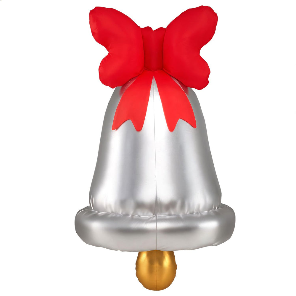 Giant silver Christmas bell decoration with a red bow, perfect for festive outdoor displays during the holiday season.