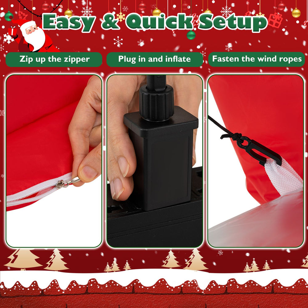 Climbing Santa inflatable decoration features easy setup with a zipper, blower, and wind ropes for outdoor stability.