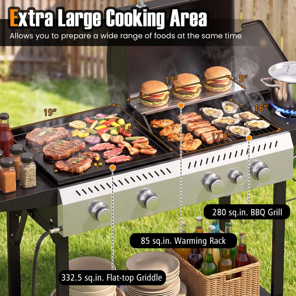 Extra large 5-burner propane gas grill and griddle combo with side burner, perfect for family meals and outdoor gatherings.