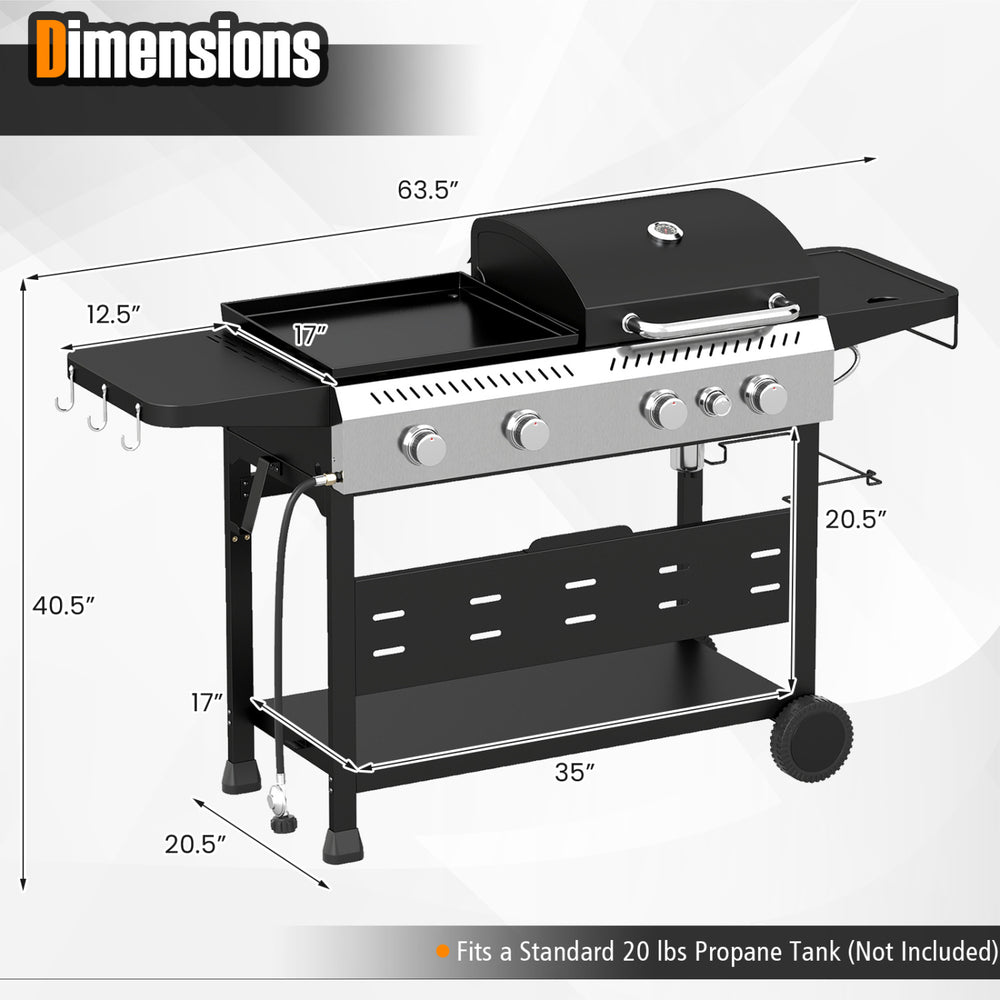 5-burner propane gas grill and griddle combo in black with side burner, designed for versatile outdoor cooking.