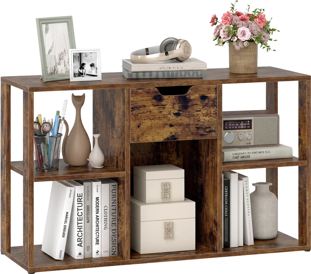 Rustic brown 5-cube bookcase with a storage drawer, featuring open display spaces for books and decor in a modern design.