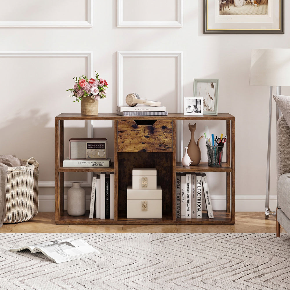 5-cube bookcase in rustic brown features 4 open cubes, a storage drawer, and sturdy construction for versatile display.
