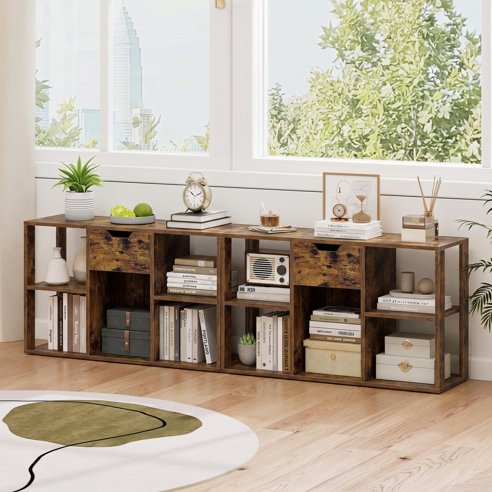 Rustic brown 5-cube bookcase features 4 open compartments and a handy drawer for stylish storage and display.