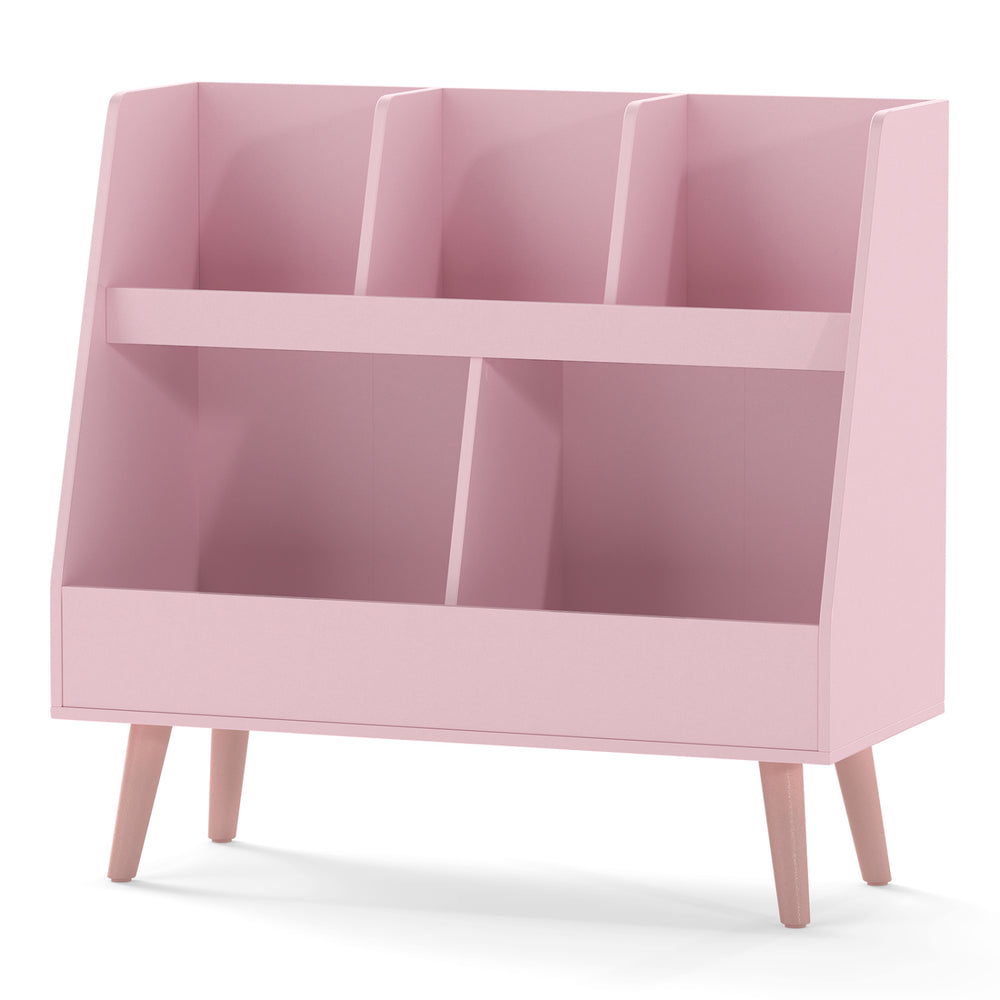 Pink 5-cube kids bookshelf and toy organizer with anti-tipping kits, perfect for children's rooms and play areas.