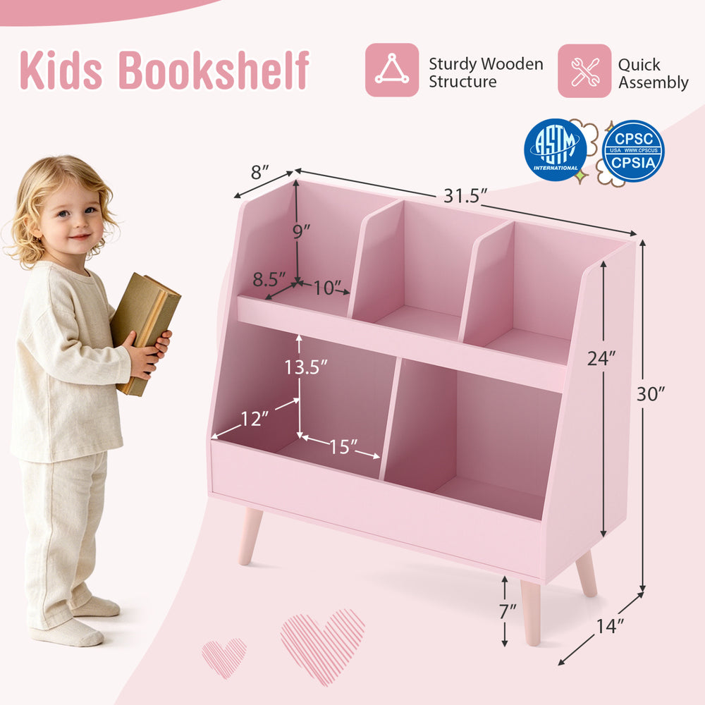 5-cube kids bookshelf in pink with sturdy wooden structure, featuring anti-tipping kits for safety and quick assembly.