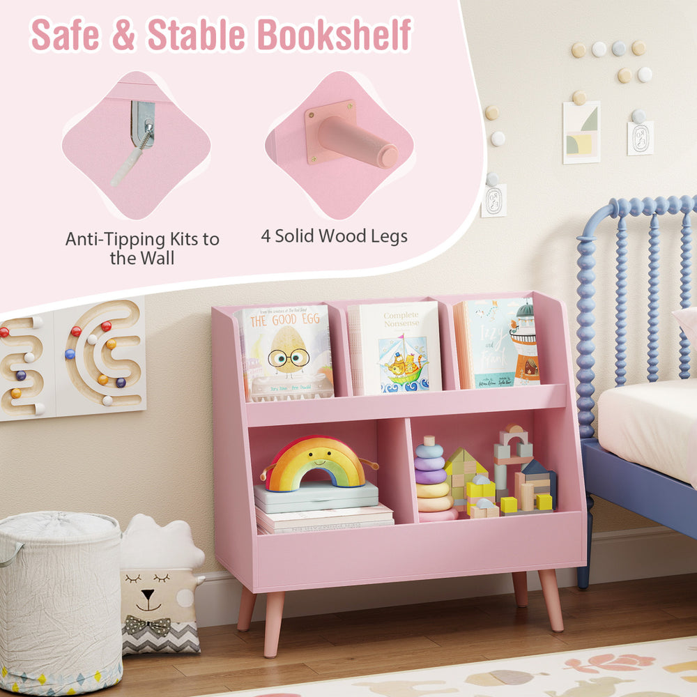5-cube pink kids bookshelf with anti-tipping kits and solid wood legs, perfect for organizing books and toys.