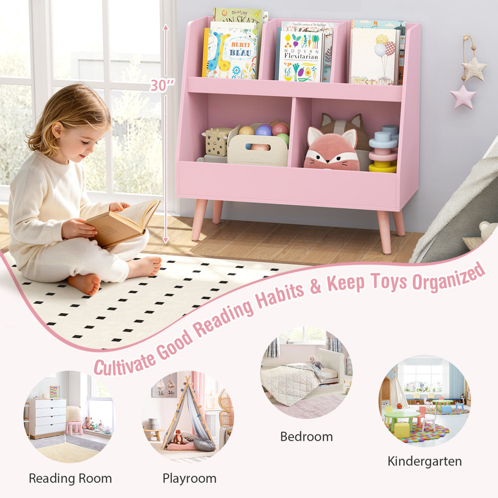 5-cube pink kids bookshelf and toy organizer with anti-tipping kits, ideal for reading rooms and playrooms.