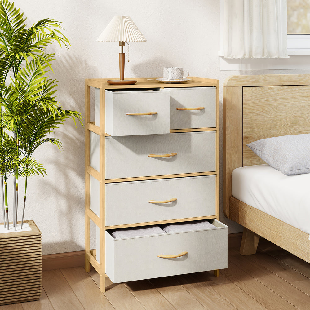 5-drawer dresser in natural bamboo with fabric drawers, perfect for bedroom storage and organization.