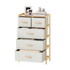5-drawer dresser in natural bamboo with top shelf, featuring fabric drawers for organized bedroom storage.