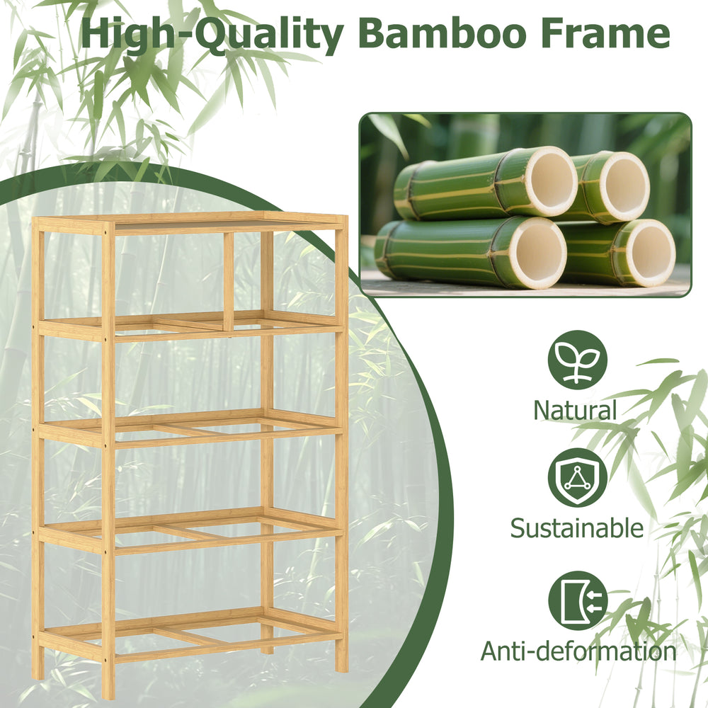 5-drawer dresser with top shelf in natural bamboo, featuring reinforced support bars and foldable fabric drawers for.