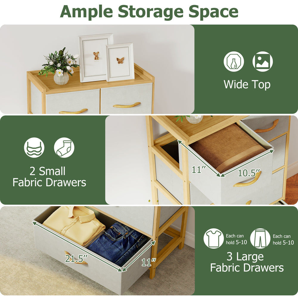 5-drawer dresser with natural bamboo top, featuring 3 large and 2 small fabric drawers for versatile bedroom storage.