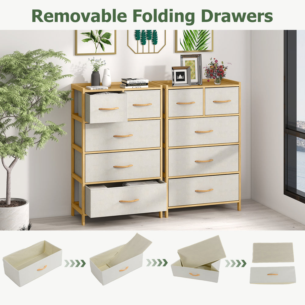 5-drawer dresser in natural bamboo with removable fabric drawers, ideal for bedroom storage and organization.