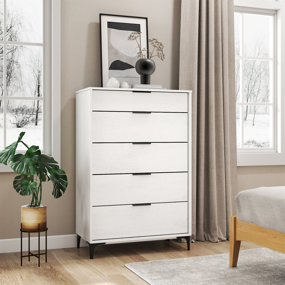 5-drawer dresser in white with interlock system, featuring a wood grain finish and removable metal support legs for.