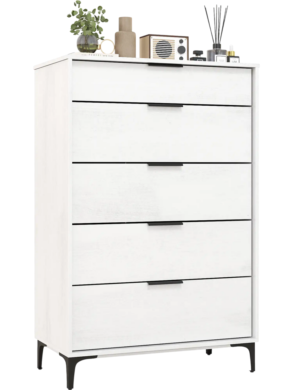 5-drawer dresser in white with wood grain finish, featuring interlock system and removable metal legs for bedroom.