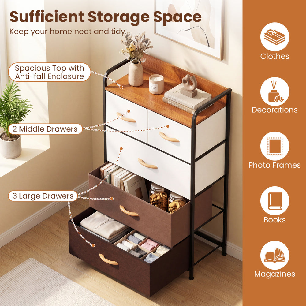 5-drawer fabric dresser with removable bins in multicolor, featuring a raised-edge top and strong metal frame for.