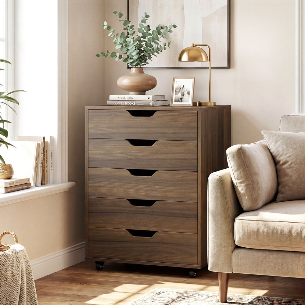 5 Drawer Mobile File Cabinet with Wheels for Living Room-Walnut - Gallery View 1 of 10
