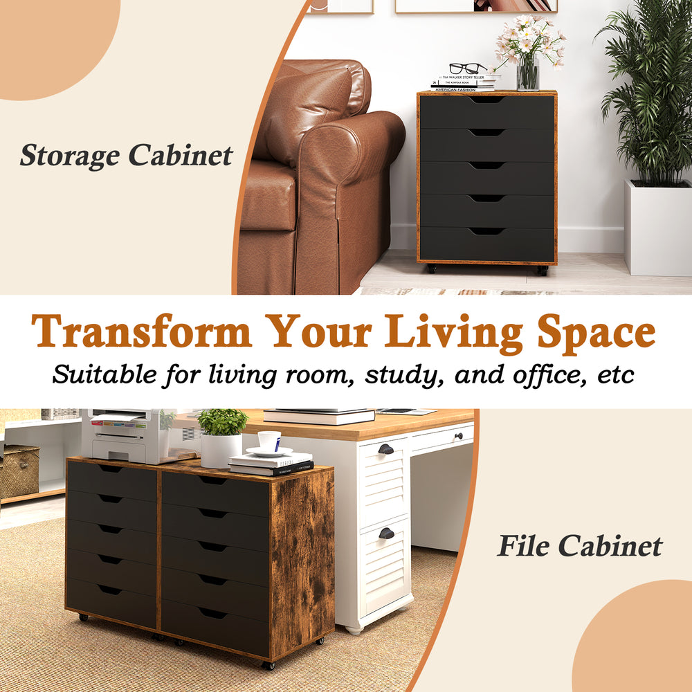 5-drawer mobile lateral filing cabinet in rustic brown, showcasing a side view with smooth slides and removable wheels.
