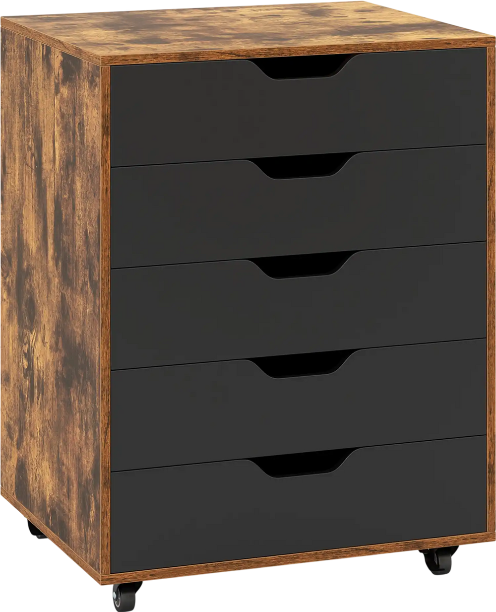 Mobile lateral filing cabinet with five drawers in rustic brown, featuring wheels for easy movement and smooth drawer.